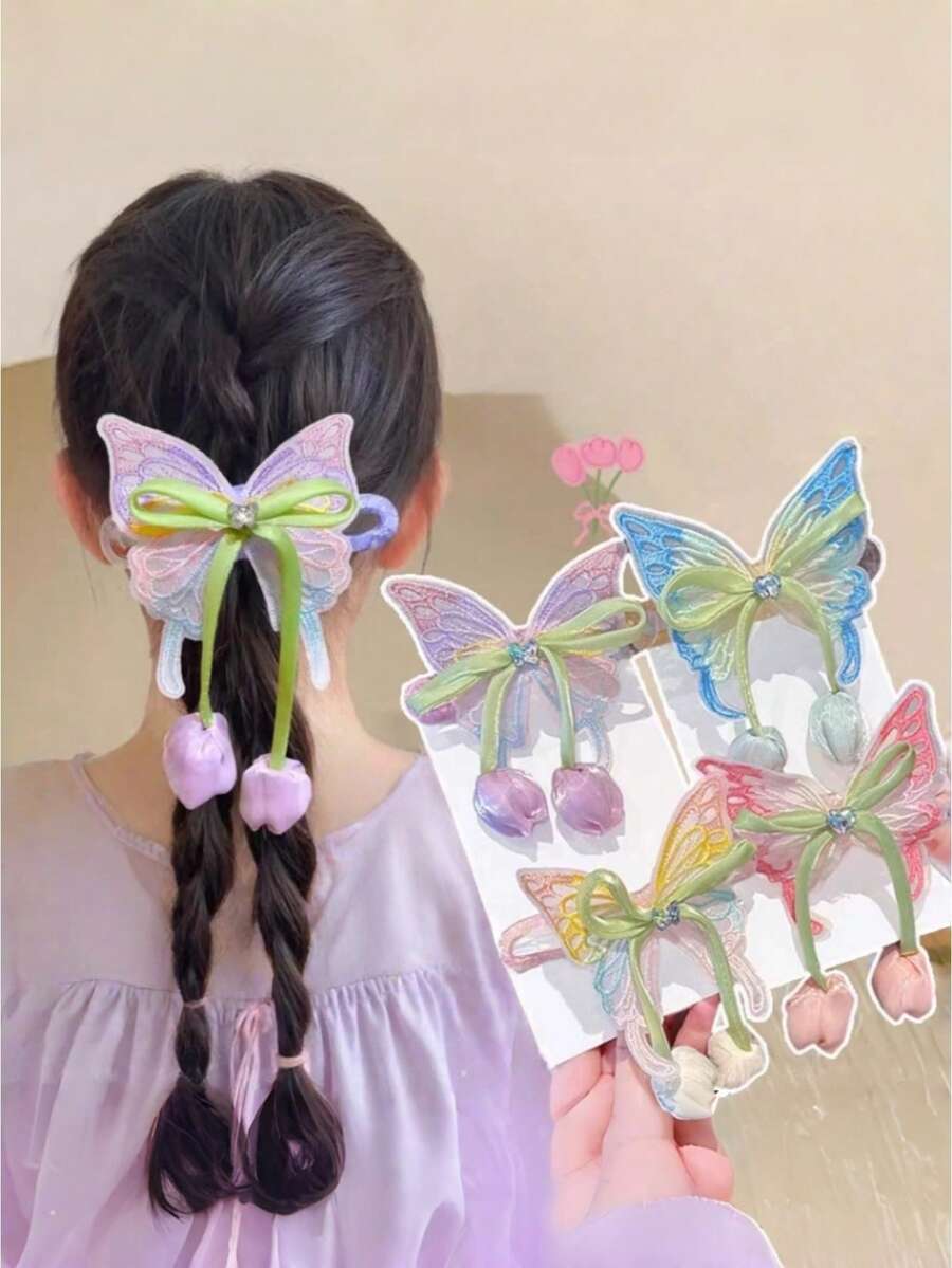 1/2pcs Kids Cute Simple Fashion Cartoon Bow Low Ponytail Bangs Hair Clips, Versatile Elegant Gentle Hair Accessories For Girls - Multicolor - View 1