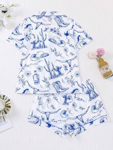 2pcs Women Pajama Set, Western Pattern Print, Ladies Homewear, Spring/Summer Holiday Outfit, Short Sleeve Lapel Top And Shorts Lounge Set - White - View 2