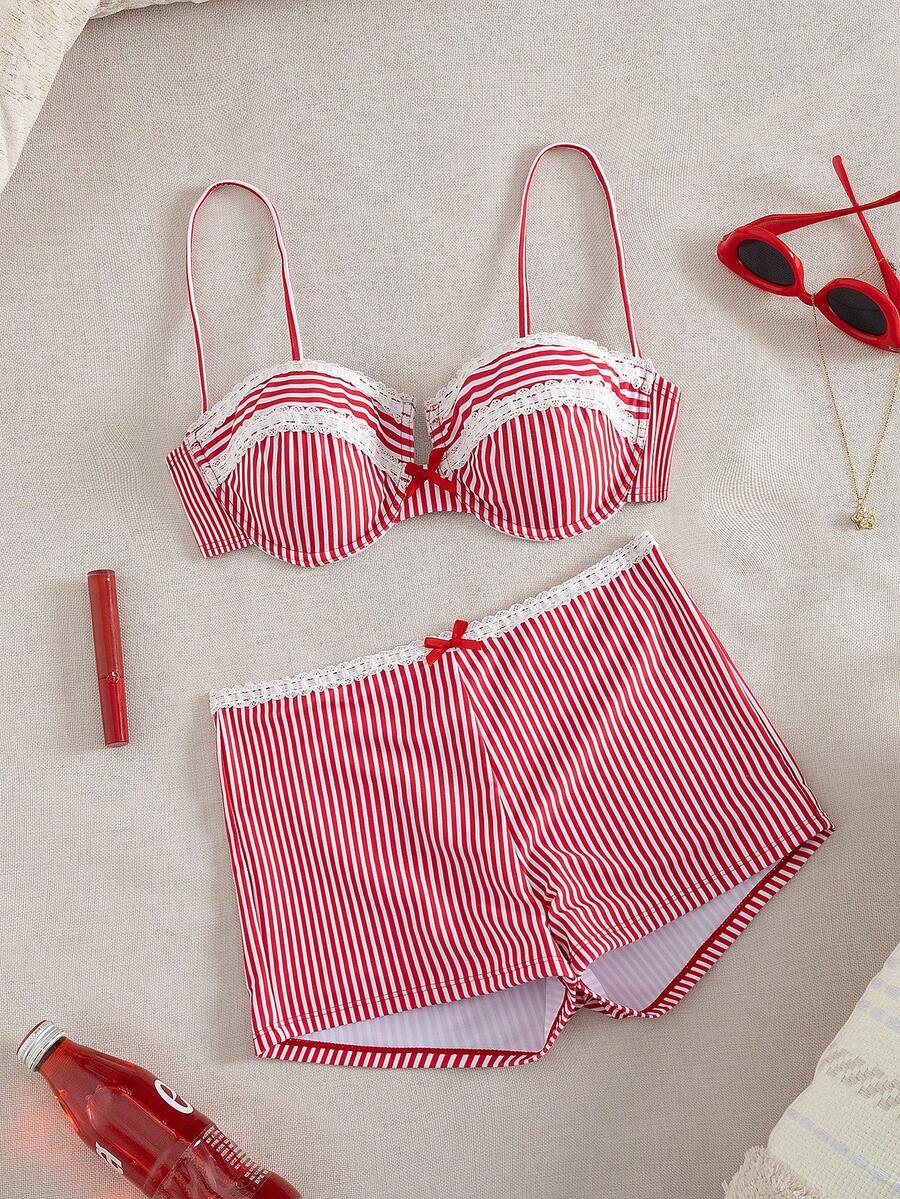 性感红白条纹比基尼套装，女士吊带V领扭结露背设计，中等弹力面料 - 紅色 - 查看 1