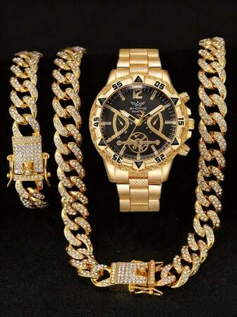 Set de 3 piezas de reloj de cuarzo, pulsera y collar de acero dorado con escala simple y múltiples elementos para hombre, para uso casual y de negocios, ideal como decoración diaria o como regalo de vacaciones para amigos y padres