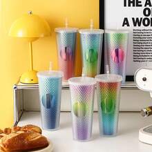 750ml/25OZ Gradient Coffee Cup Water Cup Thermal Water Bottle With Straw Ice American Coffee Mug Double-Layer Vacuum Flask Cup - 梯度5 - 查看 3