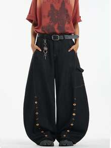 1 pieza Pantalones vaqueros de hombre con patchwork vintage y bordado de la marca Justice, con botones de resina y pierna ancha, ajuste holgado (cinturón y accesorios no incluidos)