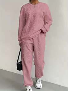 Winter Clothes For Women: 2pcs Sweatsuit Set, Cozy Fall Clothes For Women, Conjuntos De Invierno Para Mujer, Multiple Colors  Women's Casual Pullover Two-Piece Set, Suitable For Winter And Autumn, Consisting Of A Textured Long-Sleeved Top And Jogging Pants  Conjunto Deportivo Sport Outfit Women  Athletic Sets Women  Women's Winter Clothing Of Women's Winter Clothing Women's Winter Fashion Women's Winter Promotion Of Women's Winter Clothing Christmas  Ugly Christmas Sweater Women Curve - 粉色 - 查看 3