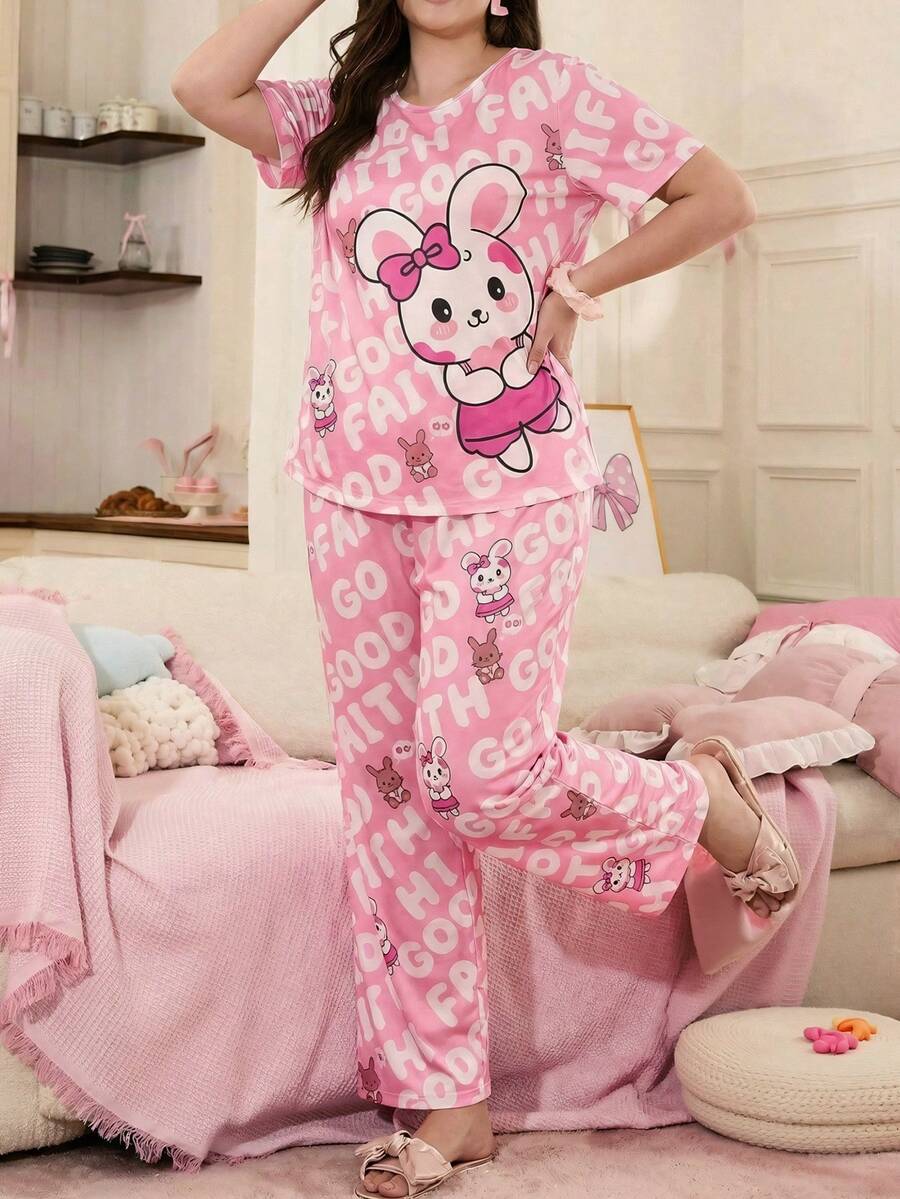 可爱兔子印花短袖上衣和长裤睡衣套装，粉色