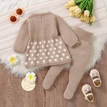 2pcs Infant Khaki Sweater Set: Round Neck Long Sleeve Heart Jacquard Sweater + Butterfly Decor Dress With Attached Tights, Sweet Newborn Outfit - Khaki - View 4