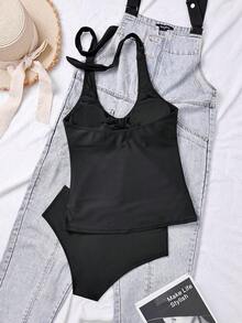 2pcs Black Spaghetti Strap Crop Top And Triangle Tankini Swimsuit Set - Black - View 9