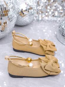 1 Pair Brown Fabric Bow Decor Soft Fabric Flat Loafers, Dual-Tone Large Pearl Metal Decor Minimalist Design, TPR Sole Round Toe Casual Slip-On Shoes Suitable For 3-12 Years Old Female Students For Daily, Casual, Holiday, Campus Wear, Spring/Summer New Arrival - Brown - View 8
