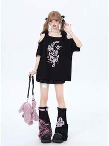 [Jundakara] Camisetas para Mujeres Sin Hombros Estampado de Mariposa Lindo Soñador Estilo Harajuku Estilo Coreano Estilo Preppy Estilo Landmine Estilo Sick Estilo Subcultura Estilo Genial Estudiante Sexy Moda Hogar Lindo Hombro Abierto Primavera Verano Otoño - Negro - Ver 9