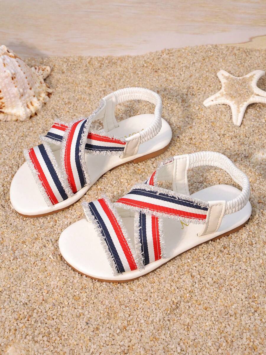 Summer New Girls Soft Bottom Flat Beach Sandals, Children Flat Sandals, Striped Fringe Sandals, Fashionable Criss-Cross Strap - Multicolor - View 1