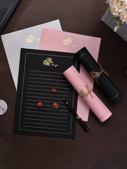 复古金色玫瑰图案信纸，艺术浪漫手写纸，经典纹理，优质A4欧式信纸，情人节表达爱意的完美之选。也适合办公书写。