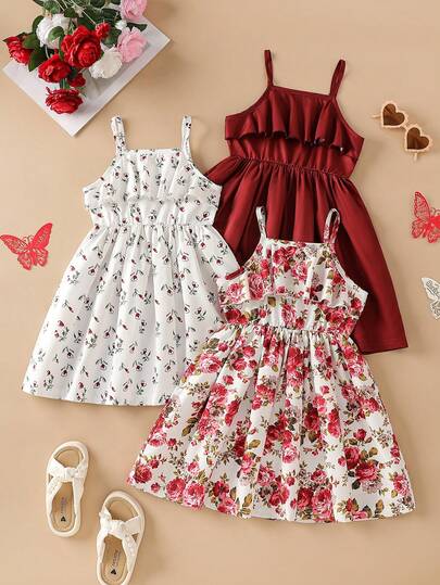 3pcs/Set Girls' Summer Casual Dresses, Featuring Ruffle Trim, Floral & Wheat Pattern Print And Solid Color Sleeveless Dresses, Fashionable, Cute And Elegant For Outdoor Daily Wear
