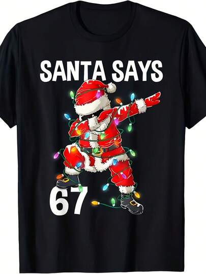Funny 67 Meme Santa Says 67 Number Joke T-Shirt - Retro Unisex Loose Fit Round Neck Tee With 67 Phone Number Design, Soft Breathable For Men & Women, Christmas Gift, Casual & Outdoor Wear