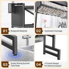 HanTai Over The Sink Dish Drying Rack 3-Tier Dish Drainer Racks With Cover Space-Saving Kitchen Organizer For Dishes, Glasses, Bowls & Cutlery - Black - View 8