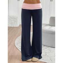 Women's Casual Wide Leg Pants Fold-Over High Waist Contrast Color Pants Loose Trousers Women Fold Over Yoga Pants Low Rise Wide Leg Sweatpants Color Block Flare Leggings Y2k Foldover Lounge Workout - 藏蓝色 - 查看 2