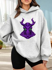 Fashionable Hooded Sweater For Women. Black Hoodie With Purple Dragon Print And Green Eyes. Fantasy Design For Women. Casual Urban Style For Everyday Wear. Perfect For Dates, Outings, And Holiday Gifts. The Best Choice For A Date. - 灰色 - 查看 1