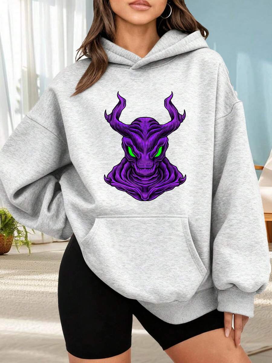 Fashionable Hooded Sweater For Women. Black Hoodie With Purple Dragon Print And Green Eyes. Fantasy Design For Women. Casual Urban Style For Everyday Wear. Perfect For Dates, Outings, And Holiday Gifts. The Best Choice For A Date. - 灰色 - 查看 1