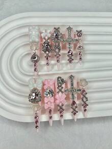 10PCS Y2K Pink Jirai Kei Cute Long Handmade Press On Nails Shibuya Gyaru Bow Heart Cross Diamond Stiletto Fake Nails Crown Nail Art Nails Supplies(1 Sheets Jelly Stickers+1PC Nail File) Handmade Press On Nails - Pink - View 1