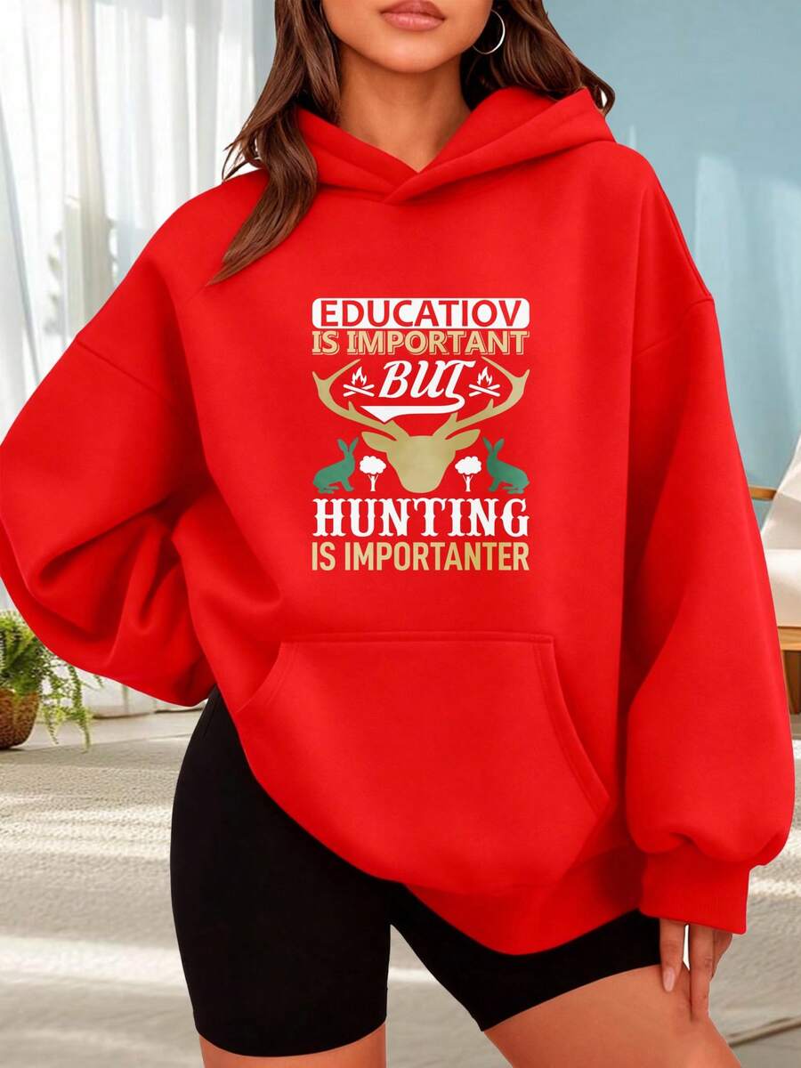 Fashionable Outdoor Hooded Sweater For Women. Black Hoodie With Deer Print And The Text "Education Is Important But Hunting Is More Important." Perfect For Outdoor Activities, Dates, Or Holiday Gifts. - 紅色 - 查看 1