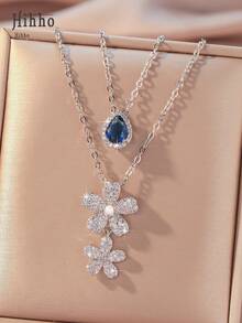 Hihho 2入組經典&多用途有創意設計發亮的方晶鋯石&藍色的寶石水滴雙簇吊墜優雅女性鎖骨項鏈套裝適用於日期禮品 - 銀色 - 查看 9