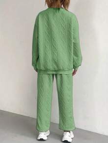 Women's Cozy Cable Knit 2-Piece Tracksuit Set - White & Multi Colors, Loose Fit, Long Sleeve Round Neck Top & Pocketed Joggers, Solid Color, Fall/Winter Outfit, Casual Outdoor Activewear, Versatile Full-Age Loungewear | Cable Knit Texture | Women's Minimalist Sporty Sweatsuit - 綠色 - 查看 4