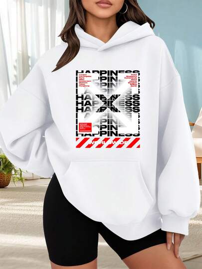 Suéter de moda con capucha al aire libre para mujeres Sudadera con capucha negra con estampado de flechas y texto Happiness Worldwide para uso diario estilo urbano casual ideal para temporada fría y ocasiones sociales Combinación de  de citas fuera de casa, regalos de vacaciones navideñas La mejor opción para salir a una cita