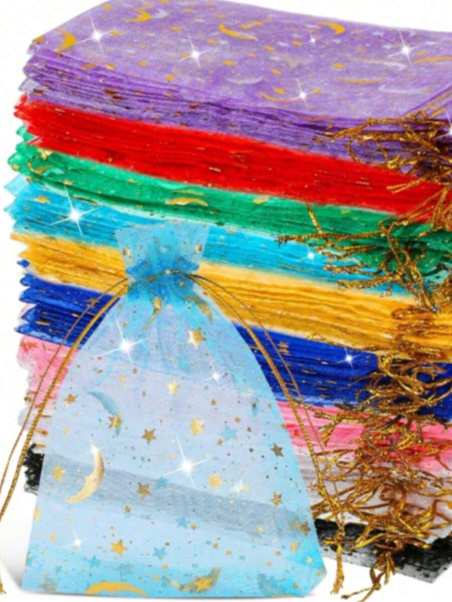 50/100pcs Star & Moon Multicolor Osmanthus Gift Packaging Bags, Suitable For Home Supplies, Holiday Events & Parties, Wedding, Tabletop Centerpiece Gifts, Nylon Bags, Baking Packaging, Jewelry Accessories Packaging, Etc. - Mixed Colors - View 1