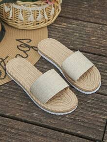 Women's Linen-Like Rope Sole Simple One-Strap Open Toe Flat Sandals, Beige, Casual Beach Vacation Wear - Beige - View 7
