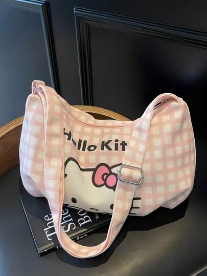 Bolso de hombro a cuadros 2025 de Sanrio Hello Kitty para mujer, bolso cruzado lindo y kawaii, bolso de lona de gran capacidad, bolso de compras casual y ligero, bolso de trabajo de moda