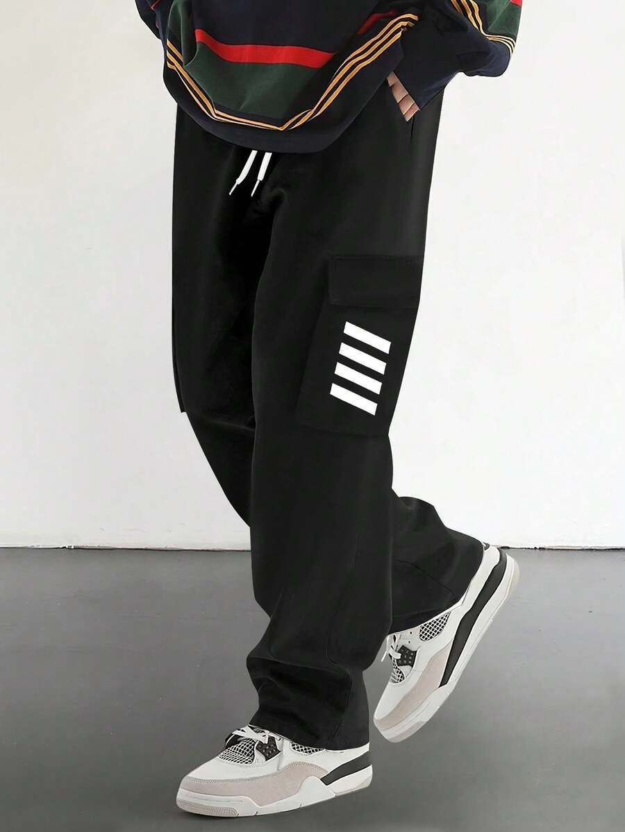 1件装加大码男士工装裤，印花多口袋工装裤 - 涤纶材质，直筒裤型，适合户外、徒步、钓鱼、旅行、街头风格，黑色百搭长裤 | 多口袋设计 | - 黑色 - 查看 1