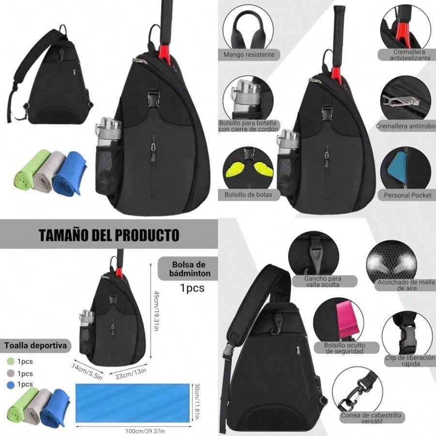 Bolsa de Tenis, Mochila Padel Resistente Agua Raquetero, Cruzada Mochila Tennis Bag para Hombres y Mujeres pare Termo, Ropa, Bádminton, Pickleball y Otros Accesorios(Negro) - Multicolor - Ver 1
