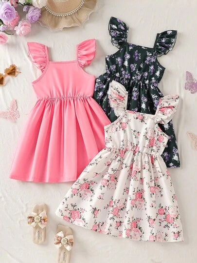 3pcs/Set Young Girls' Summer Dresses, Floral Print Ruffle Sleeve Sweet Casual Cute Girls Dress, Suitable For Daily, Vacation, Outdoor Activities