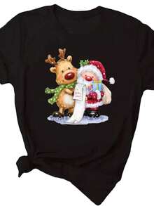 Merry Cistmas Day Tshirts Funny Cartoon Santa Reindeer Printed T-Shirt Female Fashion Kawa T-Shirt Wo's Y2K Clog - 黑色4 - 查看 1