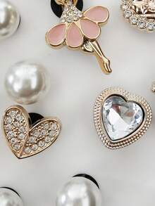 16PCS Bling Rhinestone Ballet Girl ABS Shoe Charms DIY Accessories Luxury Golden Crown Heart Clog Shoe Buckles Decorations Faux Pearls Shoe Clip Decor - 16 Styles - View 6