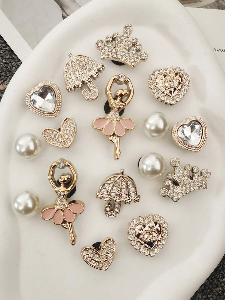 16PCS Bling Rhinestone Ballet Girl ABS Shoe Charms DIY Accessories Luxury Golden Crown Heart Clog Shoe Buckles Decorations Faux Pearls Shoe Clip Decor