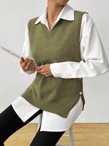 女式 V 领纯色套头休闲针织毛衣背心，春/秋/冬 - 綠色 - 查看 8