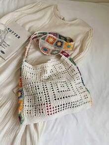 Bohemian Style Vintage Hollow Floral Contrast Color Casual Crossbody Bag Tote Bag For Holiday Vacation Outdoor Shopping (Flower Color/Pattern Randomly Distributed) (Strap Color/Pattern Randomly Distributed), Boho - White - View 9