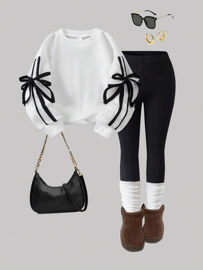 Set de 2 piezas de ropa casual para bebé niña: Blusa de manga larga con cuello redondo y moño + Pantalones de parchwork en blanco y negro para otoño/invierno