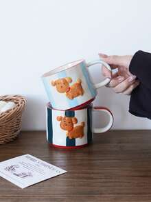1 pieza Taza de cerámica con perro pintado a mano, diseño creativo de rayas en relieve, adecuado para reuniones y fiestas, taza linda para desayuno, leche, gachas, té de la tarde o café, regalo perfecto para la sala de estar o el dormitorio - Multicolor - Ver 4