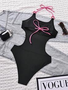 1pc Solid Color Sexy Ruched Waist Curve Ribbed Swimsuit, One-Piece Swimwear For Beach, Resort & Sports - Black - View 3