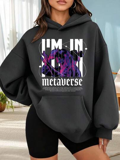 Suéter de moda con capucha al aire libre para mujeres Sudadera con capucha negra con estampado de metaverso y texto I'M IN metaverse para uso diario estilo urbano  digital moda casual verano otoño Combinación de  de citas fuera de casa, regalos de vacaciones navideñas La mejor opción para salir a una cita