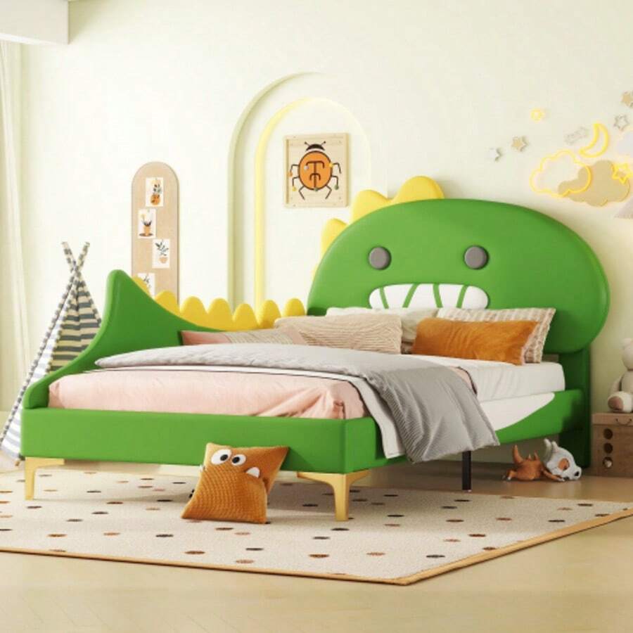 140*200cm Kinderbett, Cartoon-Dinosaur-Form, Flachbett, PU-Material, Green - Green - View 1