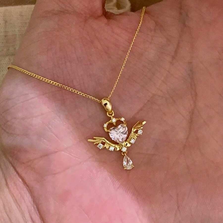 1件闪亮爱心小翅膀吊坠项链，女士甜美优雅时尚颈链 - 愛心小翅膀項鍊 - 查看 1