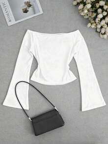 Áo thun hở vai tay loe in chữ thập Y2K thời trang thường ngày dành cho nữ - trắng - Xem 2