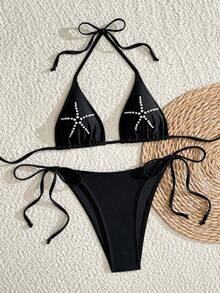 Women's Sexy Halter Tie Back Bikini Set With Starfish Knot Detail And Tie Side Thong Bottom Medium Stretch Swimwear - Black - View 1