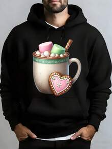 Men's Hooded Sweatshirt, Casual Style Men's Hooded T-Shirt With Hot Chocolate Mug Print Featuring Marshmallows, Heart-Shaped Cookie And Cinnamon Stick, Christmas Design Ideal For Everyday Wear, Social Events, Winter Festivities, Christmas Outfit Ideas, Perfect For Outdoor Activities, Parties, And The Best Gift For Friends. - 黑色 - 查看 1