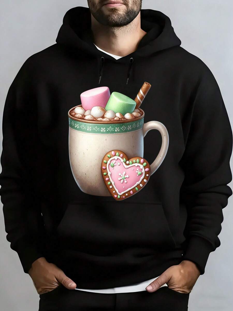 Men's Hooded Sweatshirt, Casual Style Men's Hooded T-Shirt With Hot Chocolate Mug Print Featuring Marshmallows, Heart-Shaped Cookie And Cinnamon Stick, Christmas Design Ideal For Everyday Wear, Social Events, Winter Festivities, Christmas Outfit Ideas, Perfect For Outdoor Activities, Parties, And The Best Gift For Friends. - 黑色 - 查看 1
