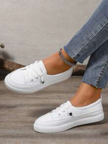 Plus Size Women White Sneakers, Fashion Black Flat Shoes, Casual Lace-Up Athletic Shoes For Students - 白色 - 查看 2