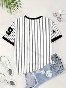 洛杉矶天使队79号女式棒球衫T恤 - 黑白条纹休闲短袖T恤，饰有“天使”标志，夏季休闲风 | 舒适版型 - 白色 - 查看 2