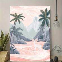 Arte de pared en lienzo retro moderno con palmeras y ciervos en un paisaje de agua dulce, póster impreso de alta calidad, marco de madera, lienzo envuelto, adecuado para sala de estar, dormitorio, cocina, baño - Postura vertical, decoración elegante para colgar en la pared, decoración de pared interior |   Arte de escena tranquila |   Marco de Lienzo Envolvente, Decoración de Arte de Pared - Multicolor - Ver 10