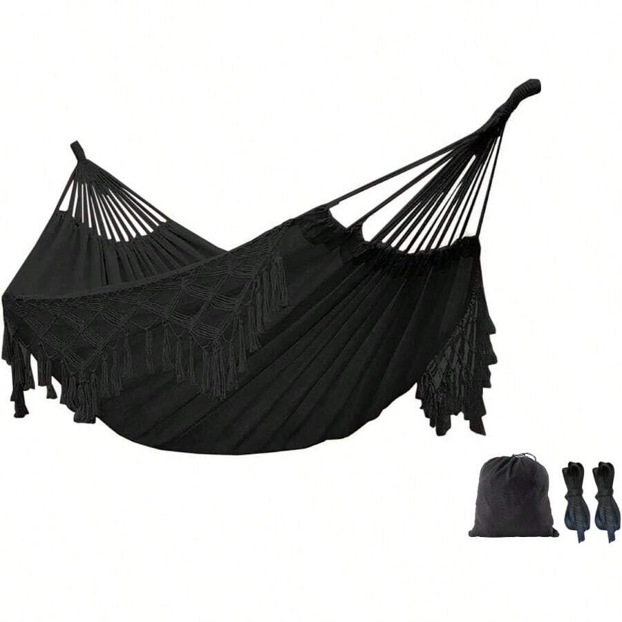 ASHamaca de macrame doble bohemia lona de algodon portatil de repuesto 420 libras capacidad de carga color negro - Negro - - Ver 1
